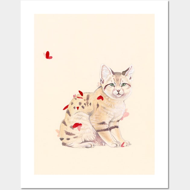 Sand Cat and Red Butterflies Wall Art by CirseSabino